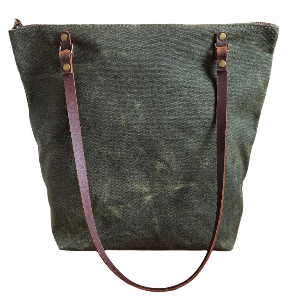 Tall Olive Green Waxed Canvas Tote * Shoulder bag * Zipper Top Closure